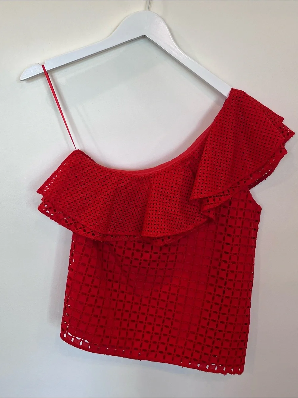 J Crew Fiery Red Sunset One Shoulder Ruffle Top In Eyelet G3395 Women’s 2